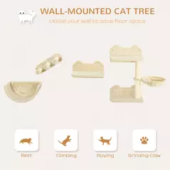 PawHut 4PCs Wall-Mounted Cat Shelves w/ Scratching Post, Hammock, Nest - Beige - 4