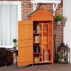 Outsunny Wooden Outdoor Storage Shed, Compact Utility Outdoor Tool Shed with Lockable Double Doors and Shelves, Orange - 2