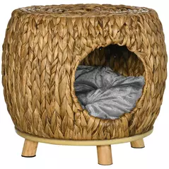 PawHut Wicker Cat Bed Cat House Stool with Washable Cushion, 44 x 43 x 41cm - 1
