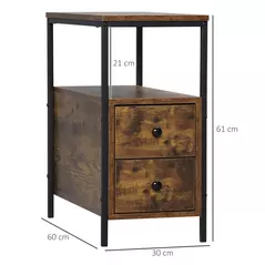 HOMCOM Side Table, Narrow Bedside Table with 2 Drawers and Storage Shelf, Industrial End Table with Metal Frame for Small Spaces, Rustic Brown - 3