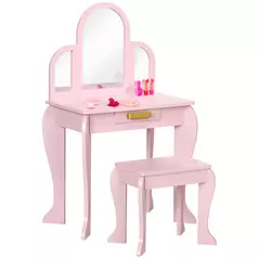HOMCOM Kids Dressing Table Set, with Mirror and Drawer - Pink - 1