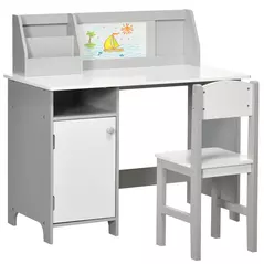 HOMCOM Kids Table and Chair Set w/ Whiteboard - Grey - 1