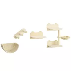 PawHut 4PCs Wall-Mounted Cat Shelves w/ Scratching Post, Hammock, Nest - Beige - 1