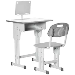 HOMCOM Kids Adjustable Desk and Chair Set, Book Stand, Pen Slot - Grey - 1