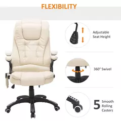 HOMCOM 6-Point Massage Office Chair with Seat Heated for Home Office, PU Leather High Back Executive Desk Chair with Adjustable Height and 360° Swivel for Work Study, Beige - 5