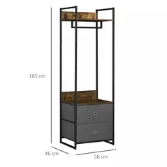 HOMCOM Clothes Rail, Metal Coat Stand, Garment Rack with 2 Fabric Storage Drawers, Single Wardrobe for Bedroom, Hallway, Rustic Brown and Grey - 3