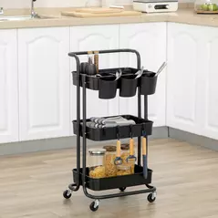 HOMCOM Three-Tier Home Trolley, with Handle and Wheels - Black - 2