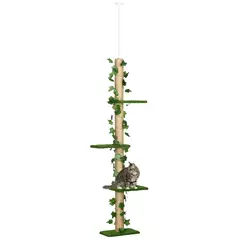 PawHut 242cm Adjustable Floor-To-Ceiling Cat Tree, with Artificial Decoration, Perches, Anti-Slip Kit - Green - 1