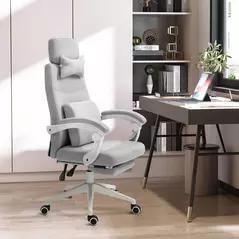 Vinsetto Office Chair, High Back Fabric Work Chair with 160° Reclining Backrest, Retractable Footrest, Neck and Lumbar Pillow, Light Grey - 2