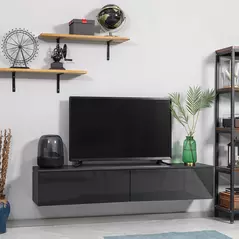 HOMCOM 160cm High Gloss Floating TV Unit Stand for TVs up to 70", Wall Mounted TV Cabinet with Storage Cupboards, Grey and Black - 2