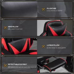 Vinsetto Computer Gaming Chair, Racing Desk Chair with Lumbar Support and Footrest, PU Leather Gamer Chair with Headrest and Swivel Wheels for Home, Red - 7