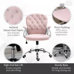 Vinsetto Office Chair, Swivel Desk Chair, Velvet Vanity Chair with Adjustable Height and Rolling Wheels for Home Work Study, Pink - 6