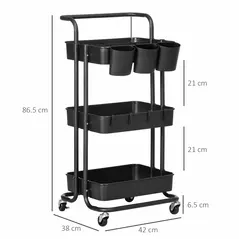 HOMCOM Three-Tier Home Trolley, with Handle and Wheels - Black - 3