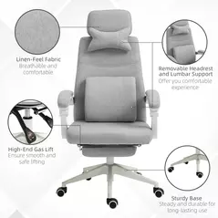 Vinsetto Office Chair, High Back Fabric Work Chair with 160° Reclining Backrest, Retractable Footrest, Neck and Lumbar Pillow, Light Grey - 6