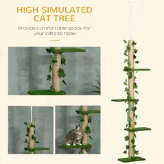 PawHut 242cm Adjustable Floor-To-Ceiling Cat Tree, with Artificial Decoration, Perches, Anti-Slip Kit - Green - 4