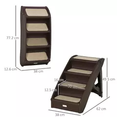 PawHut Foldable Four-Step Pet Stairs, for Cats, Small Miniature Dogs, with Non-Slip Mats 62 x 38 x 49.5cm - Brown - 3