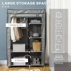 HOMCOM Fabric Wardrobe, Portable Wardrobe with 6 Shelves, 1 Hanging Rail, Foldable Closets, 103 x 43 x 162.5 cm, Light Grey - 4