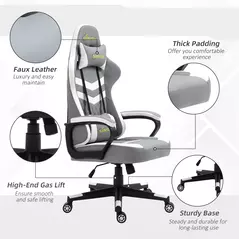 Vinsetto Gaming Chair, Computer Desk Chair with Lumbar Support, Faux Leather Racing Chair with Headrest and Swivel Wheels for Home Office, Grey White - 7