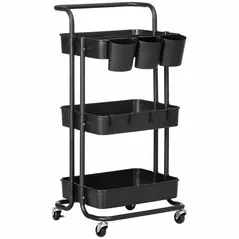 HOMCOM Three-Tier Home Trolley, with Handle and Wheels - Black - 1