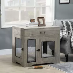 PawHut Dog Cage End Table with Two Doors, Drawer, for Medium Dogs - Grey - 1