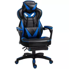 Vinsetto Faux Leather Reclining Gaming Chair, with Footrest - Blue/Black - 1