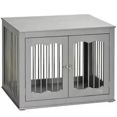 PawHut Dog Crate End Table Furniture Style Dog Cage w/ Three Doors, Locks and Latches - Grey - 1