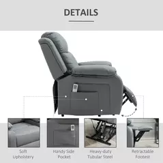 HOMCOM Riser and Recliner Chair with Massage, Power Lift Recliner Chair for Elderly with Remote Control, Extended Footrest, Dual Side Pockets, Overstuffed Electric Reclining Armchair, Grey - 4