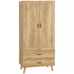 HOMCOM 2 Door Wardrobe, Modern Wardrobe with 2 Drawer and Hanging Rail for Bedroom, Natural - 1
