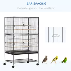 PawHut Large Bird Cage Budgie Cage for Finch Canaries Parakeet with Rolling Stand, Slide-out Tray, Storage Shelf, Food Containers, Dark Grey - 6
