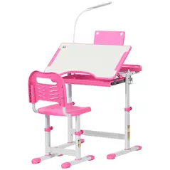 HOMCOM Kids Study Desk and Chair Set w/ Adjustable Height, Storage, Drawer, Pink - 1