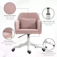 Vinsetto Velvet Office Chair, Desk Chair, Makeup Vanity Chair with Massage Lumbar Pillow and Rolling Wheels for Bedroom and Home, Pink - 7