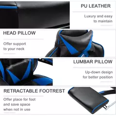Vinsetto Faux Leather Reclining Gaming Chair, with Footrest - Blue/Black - 7