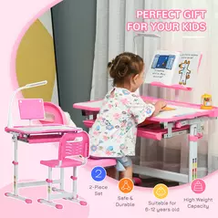 HOMCOM Kids Study Desk and Chair Set w/ Adjustable Height, Storage, Drawer, Pink - 8
