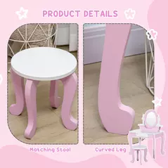 ZONEKIZ Kids Dressing Table Set, with Mirror, Stool, for Ages 3-6 Years - Pink - 6