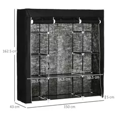 HOMCOM Portable Wardrobe, Foldable Fabric Wardrobe, 150 x 43 x 162.5cm, Clothes Storage Organiser with Hanging Rail, Shelves, Fabric Cover for Bedroom, Black - 3