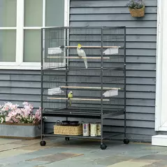 PawHut Large Bird Cage Budgie Cage for Finch Canaries Parakeet with Rolling Stand, Slide-out Tray, Storage Shelf, Food Containers, Dark Grey - 2