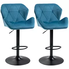 HOMCOM Bar Stools Set Of 2, Luxurious Velvet-Touch Barstools with Metal Frame Footrest Round Base Triangle Indenting Moulded Seat Adjustable Height Swivel Blue - 1