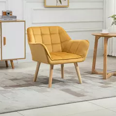 HOMCOM Armchair Accent Chair, Vanity Chair with Wide Arms, Slanted Back, Padding, Metal Frame, Wooden Legs, Home Bedroom Furniture Seating, Yellow - 2