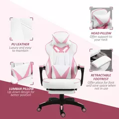 Vinsetto Computer Gaming Chair, Racing Desk Chair with Lumbar Support and Footrest, PU Leather Gamer Chair with Headrest and Swivel Wheels for Home, Pink - 8