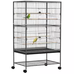 PawHut Large Bird Cage Budgie Cage for Finch Canaries Parakeet with Rolling Stand, Slide-out Tray, Storage Shelf, Food Containers, Dark Grey - 1