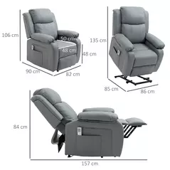 HOMCOM Riser and Recliner Chair with Massage, Power Lift Recliner Chair for Elderly with Remote Control, Extended Footrest, Dual Side Pockets, Overstuffed Electric Reclining Armchair, Grey - 3