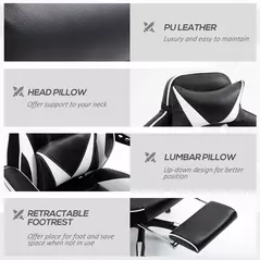 Vinsetto Computer Gaming Chair, Racing Desk Chair with Lumbar Support and Footrest, PU Leather Gamer Chair with Headrest and Swivel Wheels for Home, White - 8