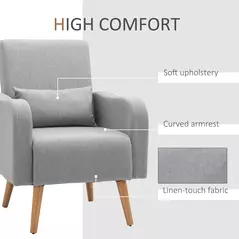 HOMCOM Accent Chair, Linen-Touch Armchair with Pillow, Upholstered Leisure Lounge Sofa for Living Room, Club Chair with Rubber Wooden Frame, Grey - 4