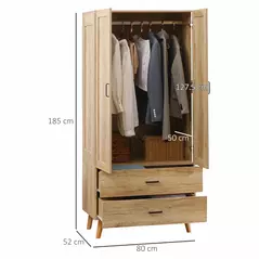 HOMCOM 2 Door Wardrobe, Modern Wardrobe with 2 Drawer and Hanging Rail for Bedroom, Natural - 3
