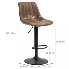 HOMCOM Breakfast Bar Stools Set of 2, 59-80cm Sitting Hight Leather Upholstered Bar Chairs - Brown - 3