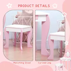 ZONEKIZ Kids Dressing table Set w/ Mirror, Stool, Drawer, Cute Patterns, for Ages 3-6 Years - Pink - 6