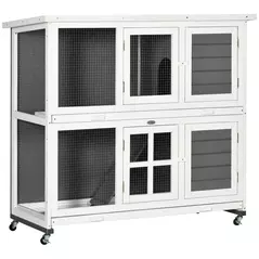 PawHut Wooden Rabbit Hutch, Two-Tier Guinea Pig Cage, with Removable Tray, Wheels - 1