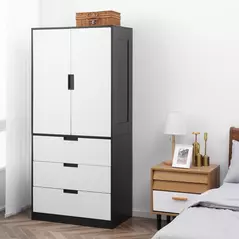 HOMCOM 2 Door Wardrobe, Modern Wardrobe with 3 Drawers and Hanging Rod for Bedroom, Black - 2