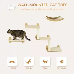 PawHut 3PCs Wall-Mounted Cat Shelves, with Jumping Platforms, Hammock, Scratching Post - Oak Tone - 4
