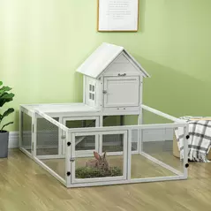 PawHut Indoor Rabbit Hutch, Guinea Pig Cage, with Slide-Out Tray, Large Fenced Area - Light Grey - 2